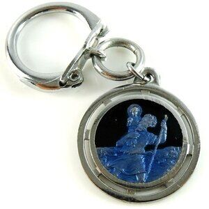 St Christopher Keychain Blue Enamel Lourdes Patron Saint of Travel Protection